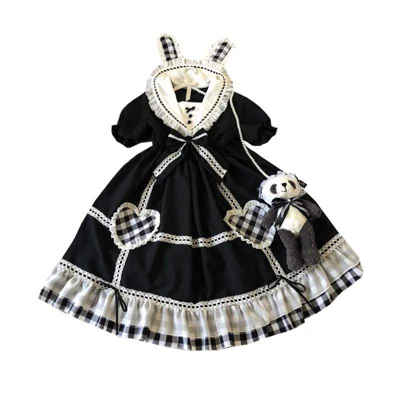 

Gothic Vintage Sweet Lolita Dress Sailor Collar Lace Bowknot Puff Sleeve Black White Lattice Kawaii Dress Girl Loli Cosplay Op