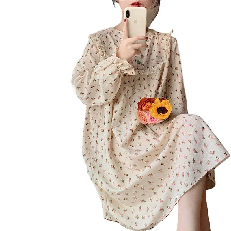 Spring Autumn New Korean Lovely Floral Nightdress Women Cotton Lace Long Sleeve Princess Wind Nightgown Home Wear Sleepwear