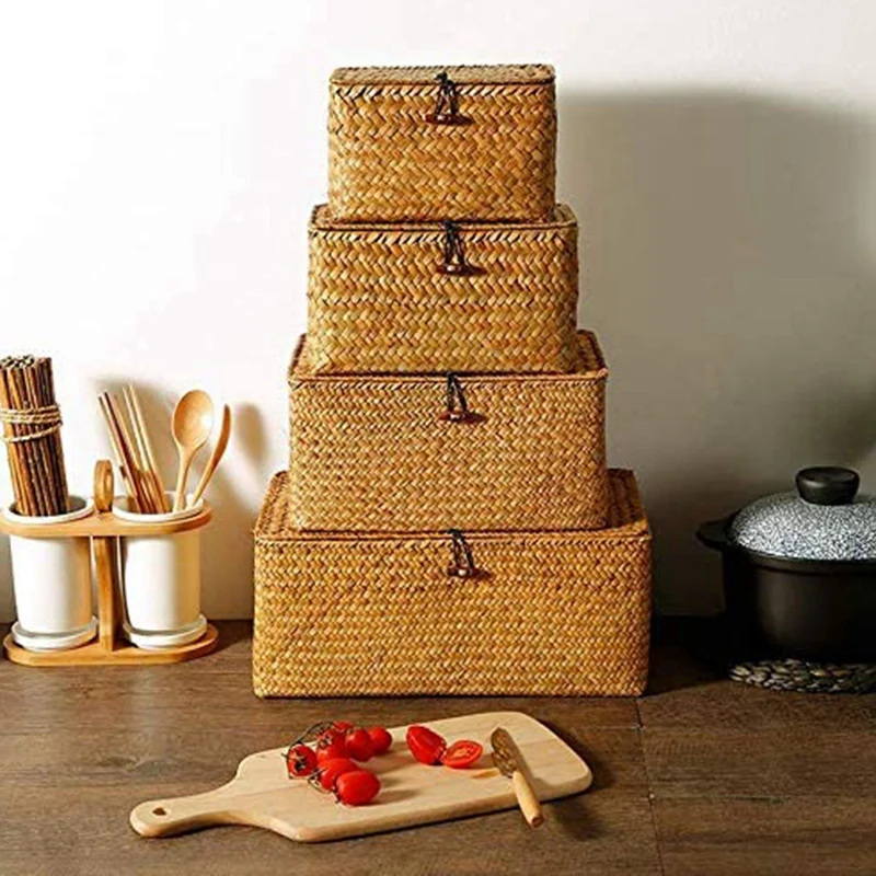 

Seagrass Storage Baskets with Lids, Woven Rectangular Basket Bins, Wicker Storage Organizer for Shelf, Set of 4