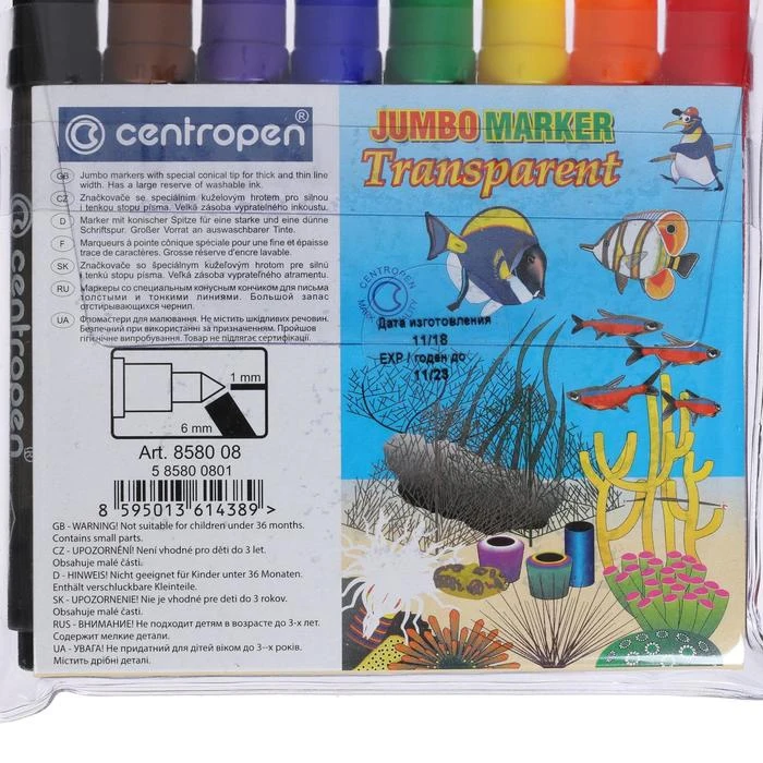 Фломастеры утолщенные 8 цветов Centropen Transparent 8580 линия 1-6 мм длина письма 600 м |