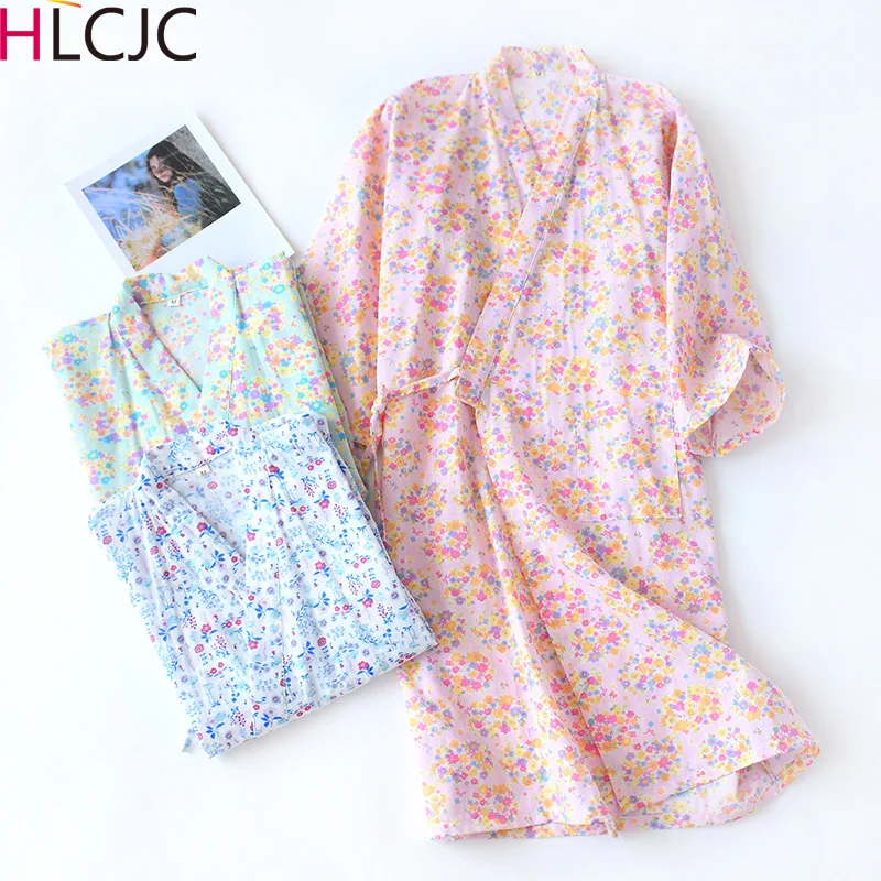 

2021 Japanese-style Kimono Spring Summer New 100% Cotton Gauze Ladies Thin Nightgowns Women Bathrobe Robes Home Service Pajamas