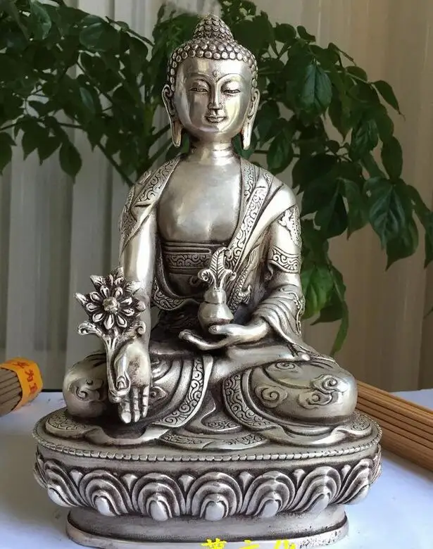

China Silver Buddhism fine dragon Po Sang Buddha Lotus seat Sculpture Medicine Buddha Statue