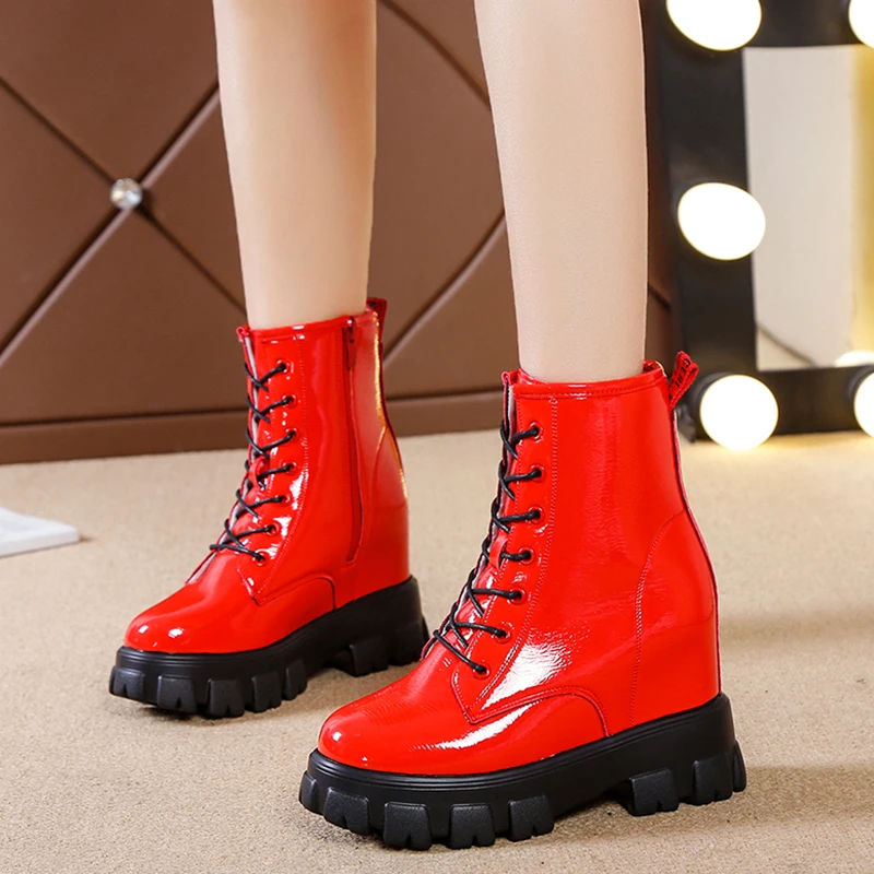 Rimocy Patent Leather Motorcycle Boots Women Hidden Wedge Platform Shoes Woman Waterproof Non-slip Winter Ankle Female |