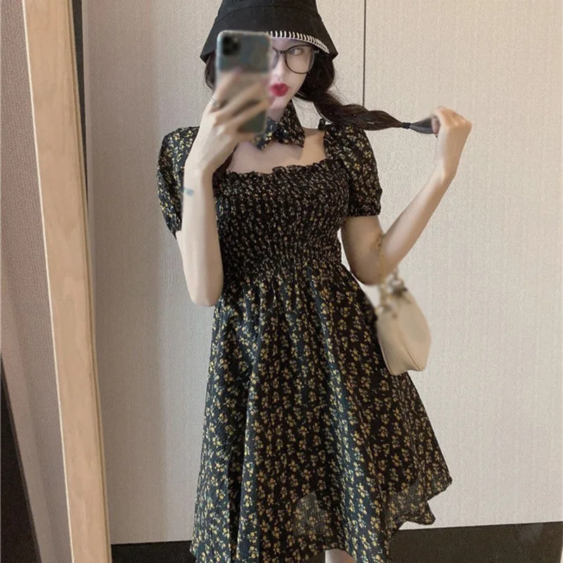 

Women Bubble Sleeve Pleated Princess Dress Floral Print Slash Neck Summer Dress