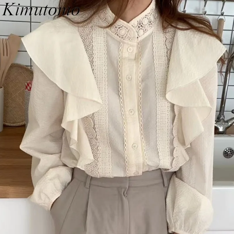 

Однотонная женская блузка Kimutomo с воротником-стойкой, летняя Корейская шикарная женская элегантная кружевная рубашка с оборками и длинным р...