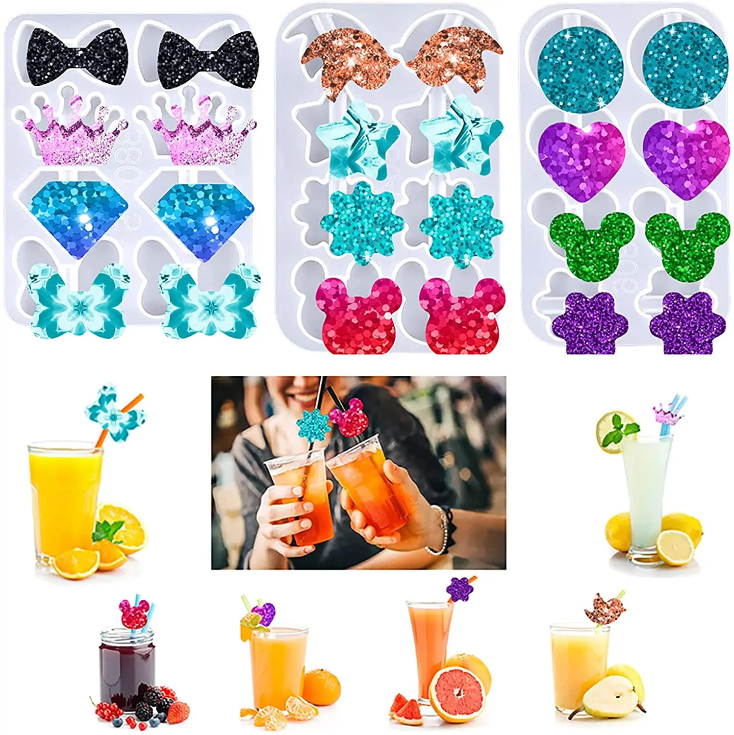 

1pcs Straw Topper Mold Silicone Resin Molds Straw Attachment Mold for Tumblers with Bow Crown Animal Shape DIY Crafts Making