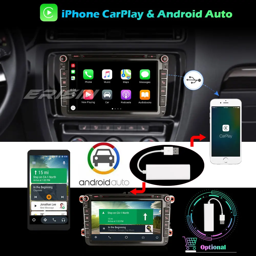Erisin 8 &quotAndroid 10 0 Авторадио автомобильный DVD плеер GPS DAB + SWC OPS CarPlay для VW Passat Polo Golf T5