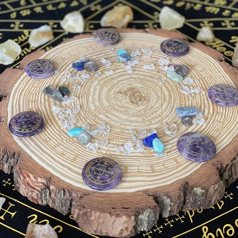 

22-25cm Log Carved Astrolabe Wooden Witch Divination Props DIY Carving Board Energy Disk Crystal Altar Decor