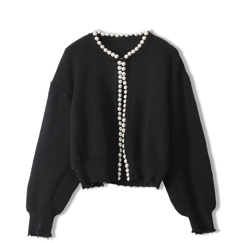 

2021 New Fashion Korean Jackets Pearls Cardigan Batwing Sleeve Wool Knit Vintage Women's Coat High Quality Jacket