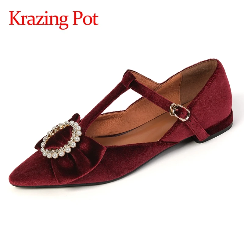 

Krazing Pot flock pointed toe low heel pearl decorations Korean style beauty lady dating buckle strap elegant women pumps L18