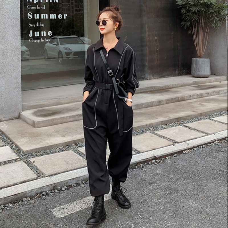 Workwear jumpsuit women 2021 autumn new style Hong Kong style high waist loose beam feet reflective jumpsuit suit trend s43