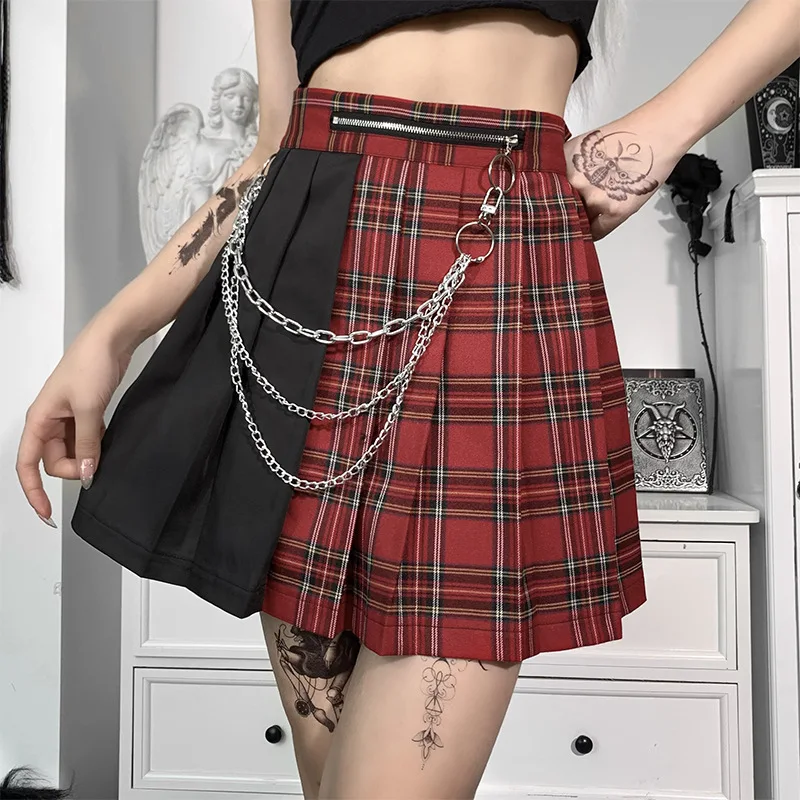 

2021 Goth Punk Red Plaid Pleated Skirt Streetwear Fashion Chain High Waist Mini Skirts Harajuku Black Patchwork E Girl Skirt