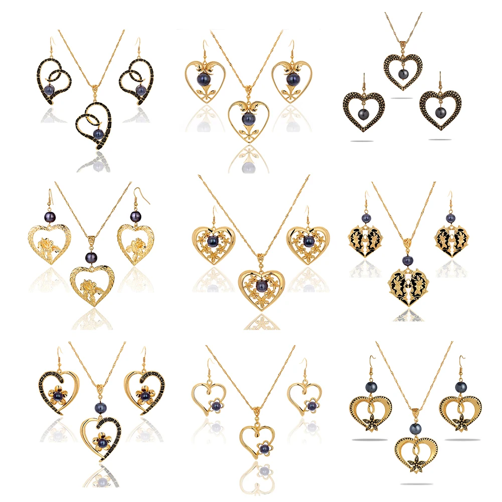 

Cring Coco Hawaiian Heart Jewelry Sets Gold Color Pendants Necklaces Drop Earrings Set Accessories for Women Party Wedding 2021