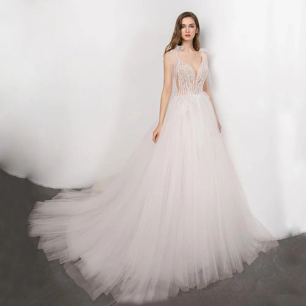 

Bridal Gown 2021 New Sexy V-Neck Backless Bride Wedding Dress Luxury Crystal And Pearls Vestido De Novia Robe