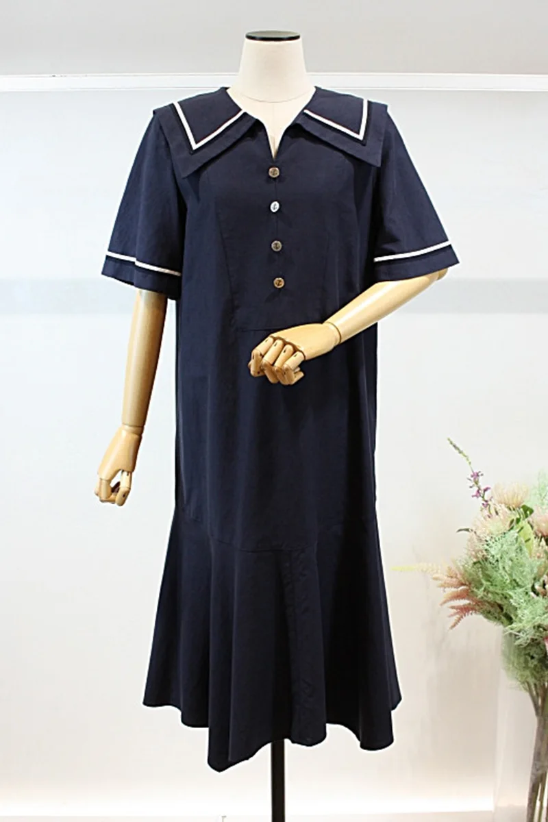 

2021 Summer Loose Long Dress New Korean Style Fashionable Simple Long Dress Female Sailor Collar Short Sleeve Fishtail Dress