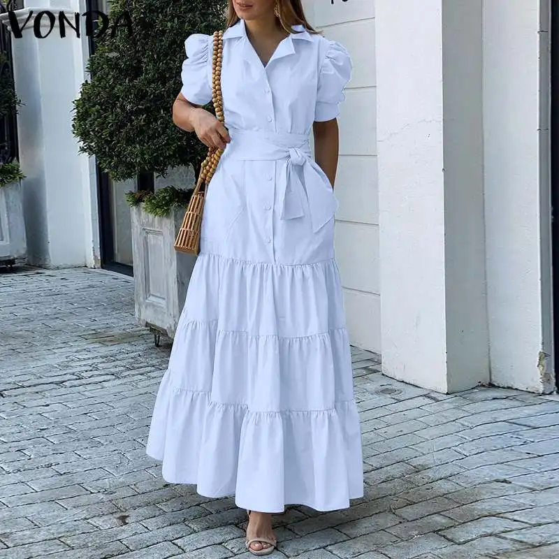 

VONDA Women Party Maxi Dress 2021 Summer Solid Color Short Sleeve Shirt Dresses Femme Bohemian Vestidos Oversized Sundress