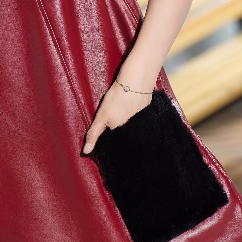 

winter sleeveless leather autumn dress women's fashion Korean style sheepskin vest skirt leather dress