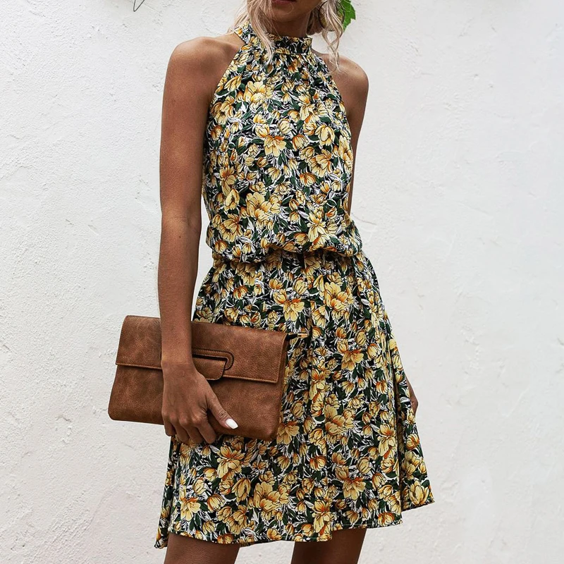 

Summer Elegant Sexy long Dress belt Women 2020 Fashion Print Flowers Polka-dot strap Ladies Halter boho dress women vestidos