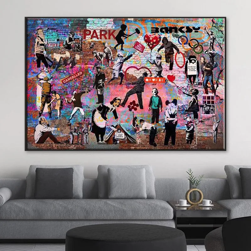

Street Art Wall Banksy Boy Praying Graffiti Posters and Prints Abstract Colorful Church Canvas Painting Living Room Decoration