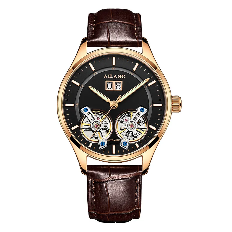 AILANG Лидирующий бренд Роскошные водонепроницаемые спортивные двойные Tourbillon Мужские часы Военные автоматические механические часы мужские часы с календарем - Цвет: Leather 01