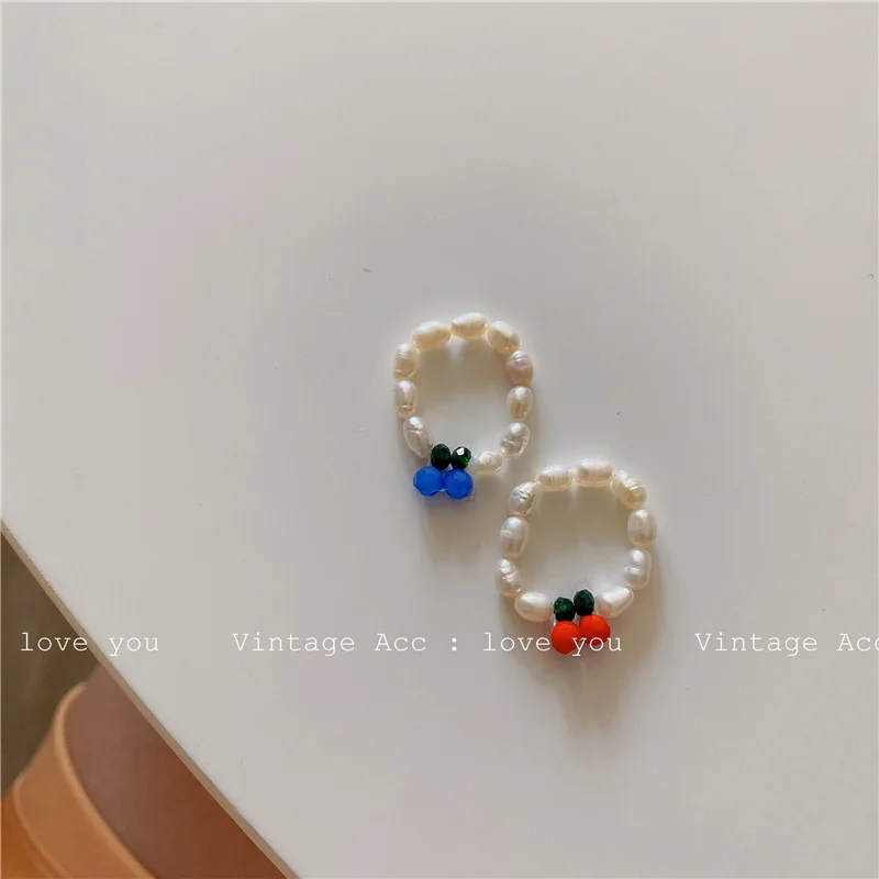 

Vintage Fashion Imitation Pearls Rings for Women Summer Fruit Color Leaves Trendy Ring Jewelry for Bohemian Sweet Girls