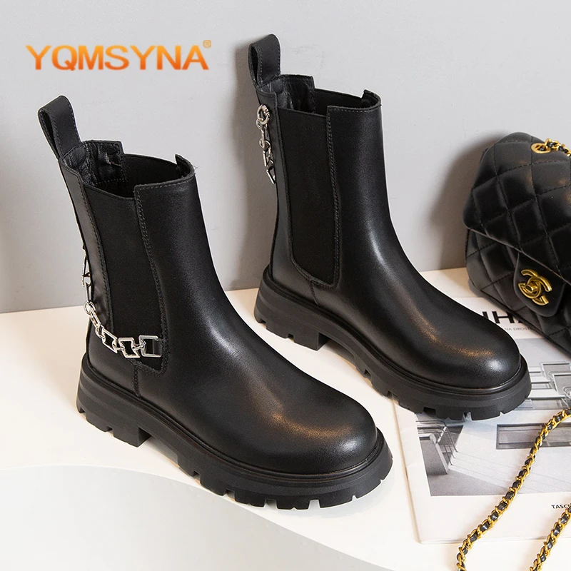 

Новые повседневные ботинки челси YQMSYNA, модные офисные ботильоны с металлической цепочкой для женщин, ботинки из натуральной кожи с круглым носком и квадратным каблуком AS400