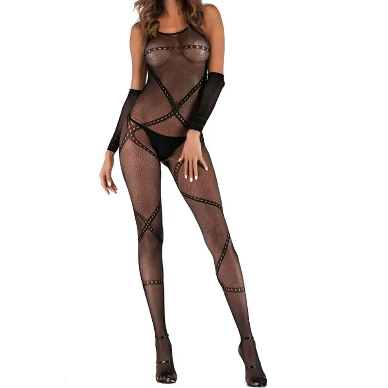 

Women Sexy Fishnet Bodystockings Cross Striped Bodysuit Lingerie with Arm Sleeve Q6PB