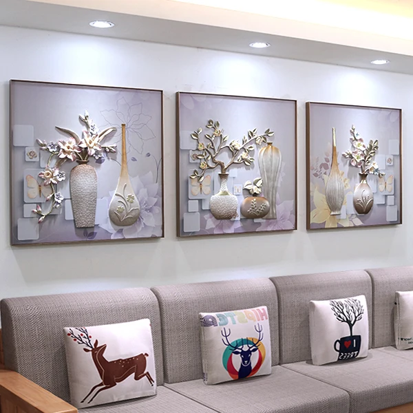 

Living Room Sofa Background Wall Decoration Painting Metal Frame Triple Painting Restaurant Bedroom 3D Embossed Mural