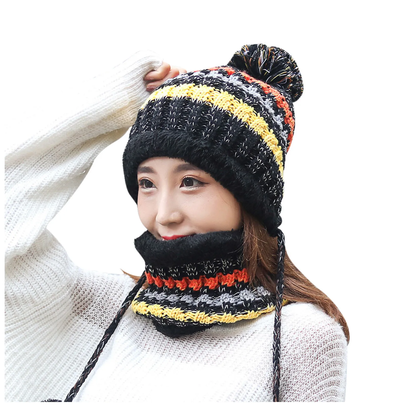

Women's Winter Hat Color Block Warm Plus Thicken Scarf And Hat Two-piece Knit Windproof Cap Hats For Women Girls Beanie