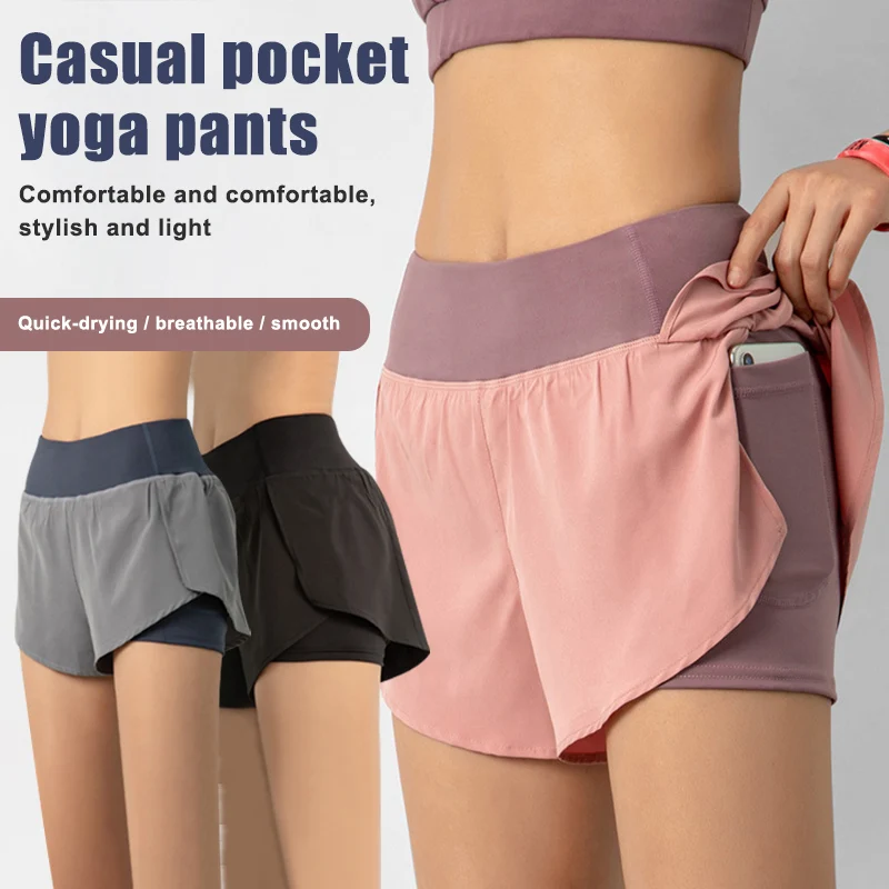 

Women Sport Running Shorts Quick Dry High Elasticity Double Layer Yoga Shorts with Phone Pocket for Fitness Training Cycling