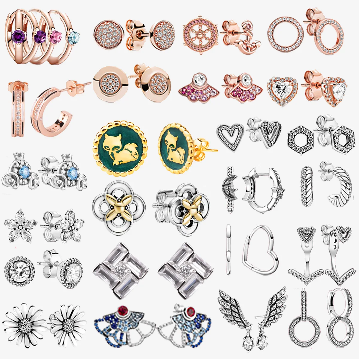 

MYBEBOA Sparkling Pink Solitaire Huggie Fox 925 Sterling Silver Earrings Hoop Golden Rose Heart Stud Earrings Women Jewelry