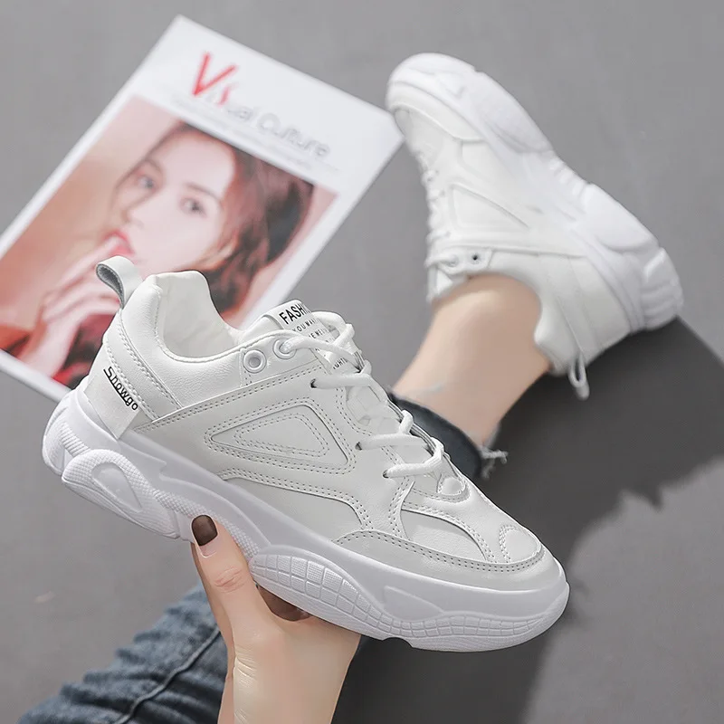 

Кожаные женские белые кроссовки для бега, удобные дышащие студенческие кроссовки на платформе