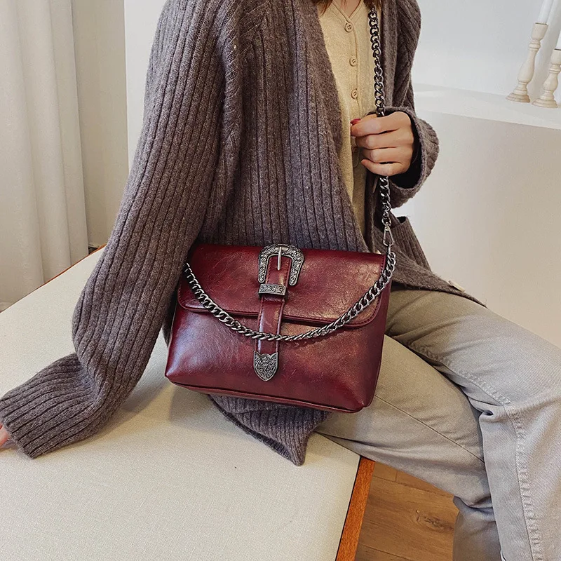 Vintage Messenger Bags Women Leather Chain Cross Body Brand Bag for Female Shoulder with Strap Buckle Brown Black | Багаж и сумки