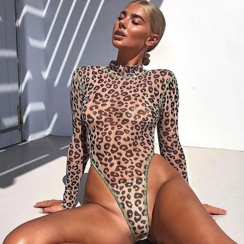 

Sexy Mesh Bodysuit Women Leopard Printed Leotard Thong Jumpsuit Romper Tops Lady Long Sleeve Slim Stretch Playsuit Tops Clubwear