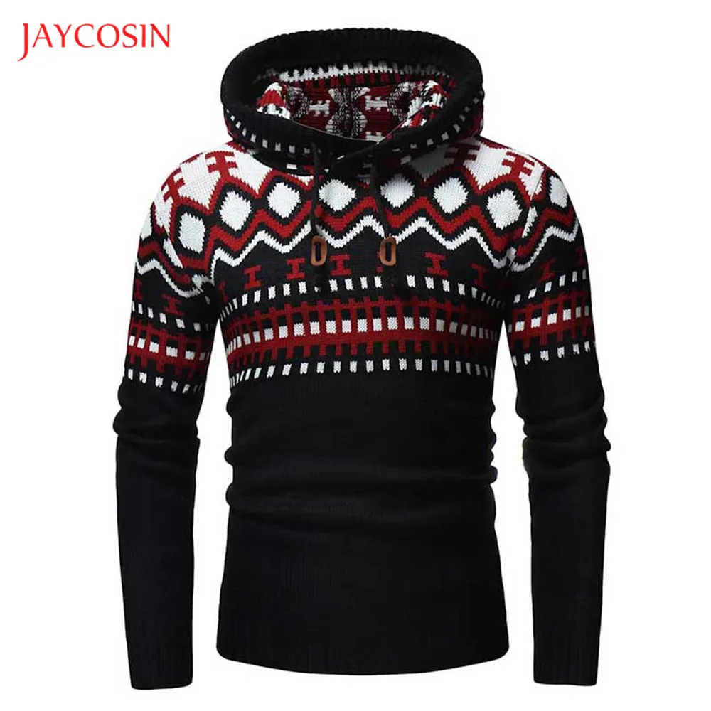 Joycosin 2019 New Autumn Winter Men Printed Pullover Hooded top Patchwork Diamond Knitted Warm Hoodies Sweatshirt Drawstring | Мужская