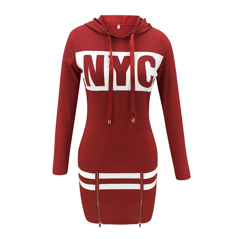 Women Casual Dress Patchwork Design Hooded Zipper Decor Long Sleeve Letter Print Lady Autumn Mini | Женская одежда