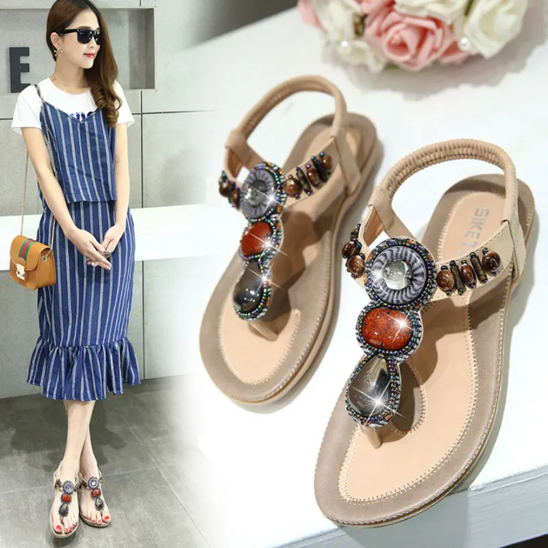 

2020 National Wind Sandals Women's Travel Beach Bohemian Retro Beaded Flat Shoes Casual Elastic Belt Women's Sandals 35-42