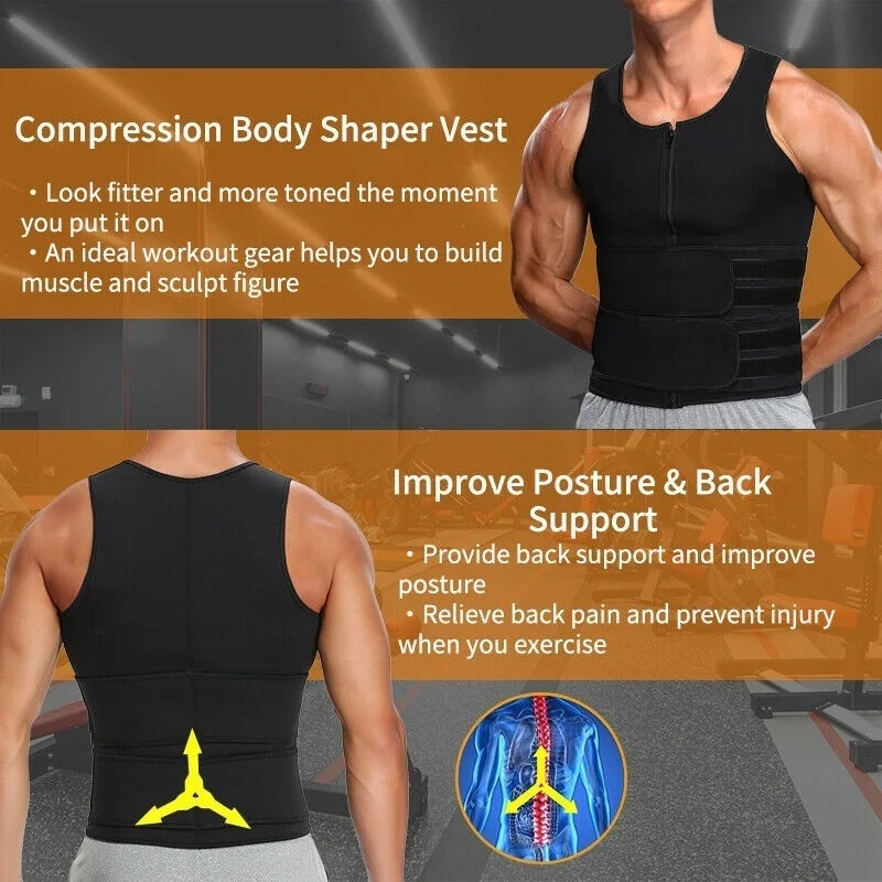 

Mens Waist Trainer Body Shaper Neoprene Sauna Sweat Vest Zipper Double Adjustable Workout Suit Tank Top Trimmer