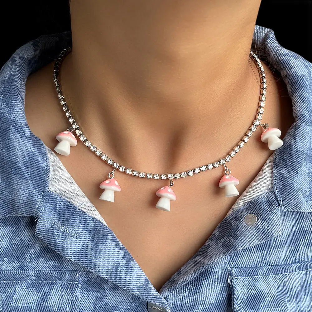 

Cartoon Mushroom Charm Crystal Tennis Chain Necklace For Women Shiny Silver Color Full Rhinestone Necklace Fashion Party Jewelry