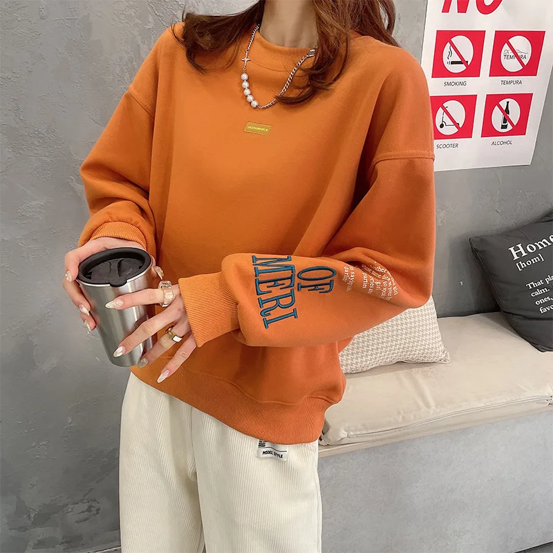 

2021 Spring and Autumn New Sweater Women's Clothing Letter Embroidery Simple Round Neck Loose Long Sleeve Ladies Pullover Top