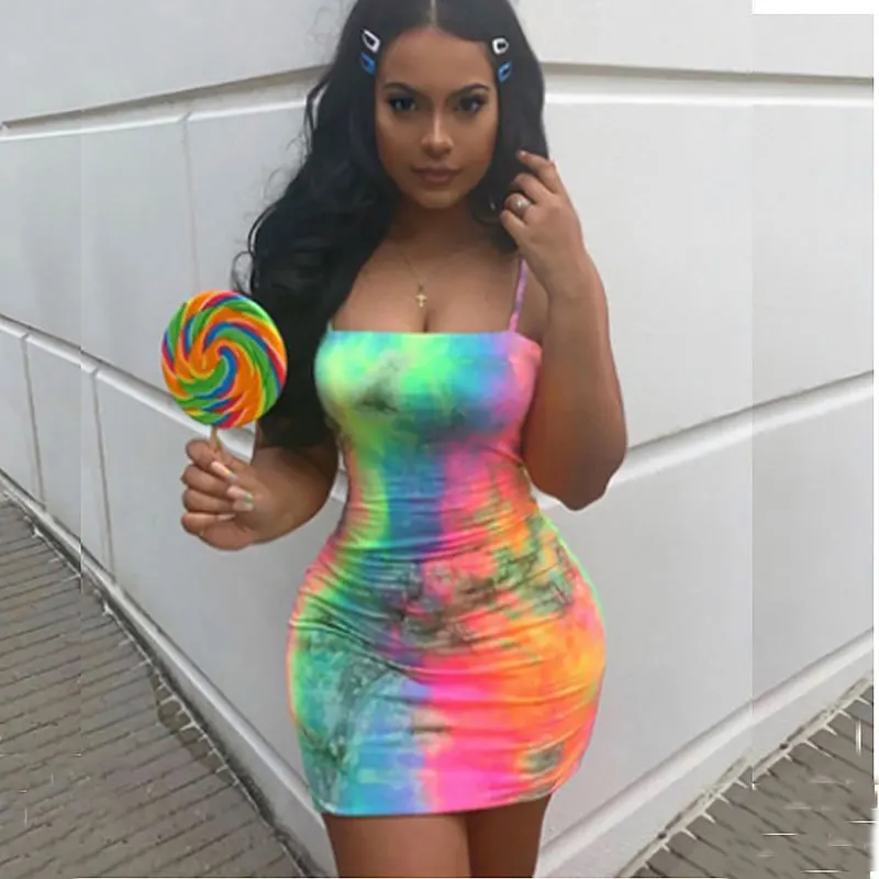 

New Summer Dress Women 2021 Sexy Sleeveless Bodycon Club Party Dresses Female Tie-Dye Straps Wrap Mini Pencil Dress