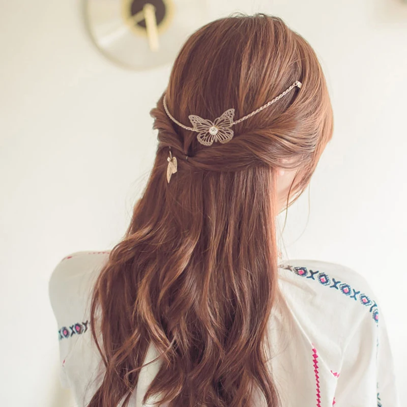 

Gold Rose-Gold Metal Leaf Butterfly Hairgrip Hair Chain Jewelry Wedding Hairpins Accessories Hair Clip for Bride Women Headband
