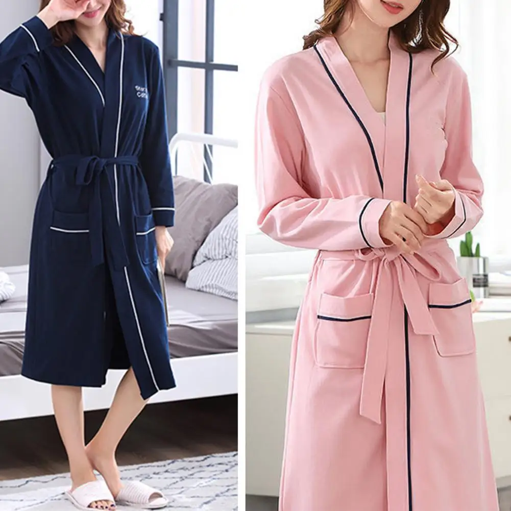 

Fashion Women Soft Long Sleeve Solid Color Pockets Bath Robe Home Gown Sleepwear