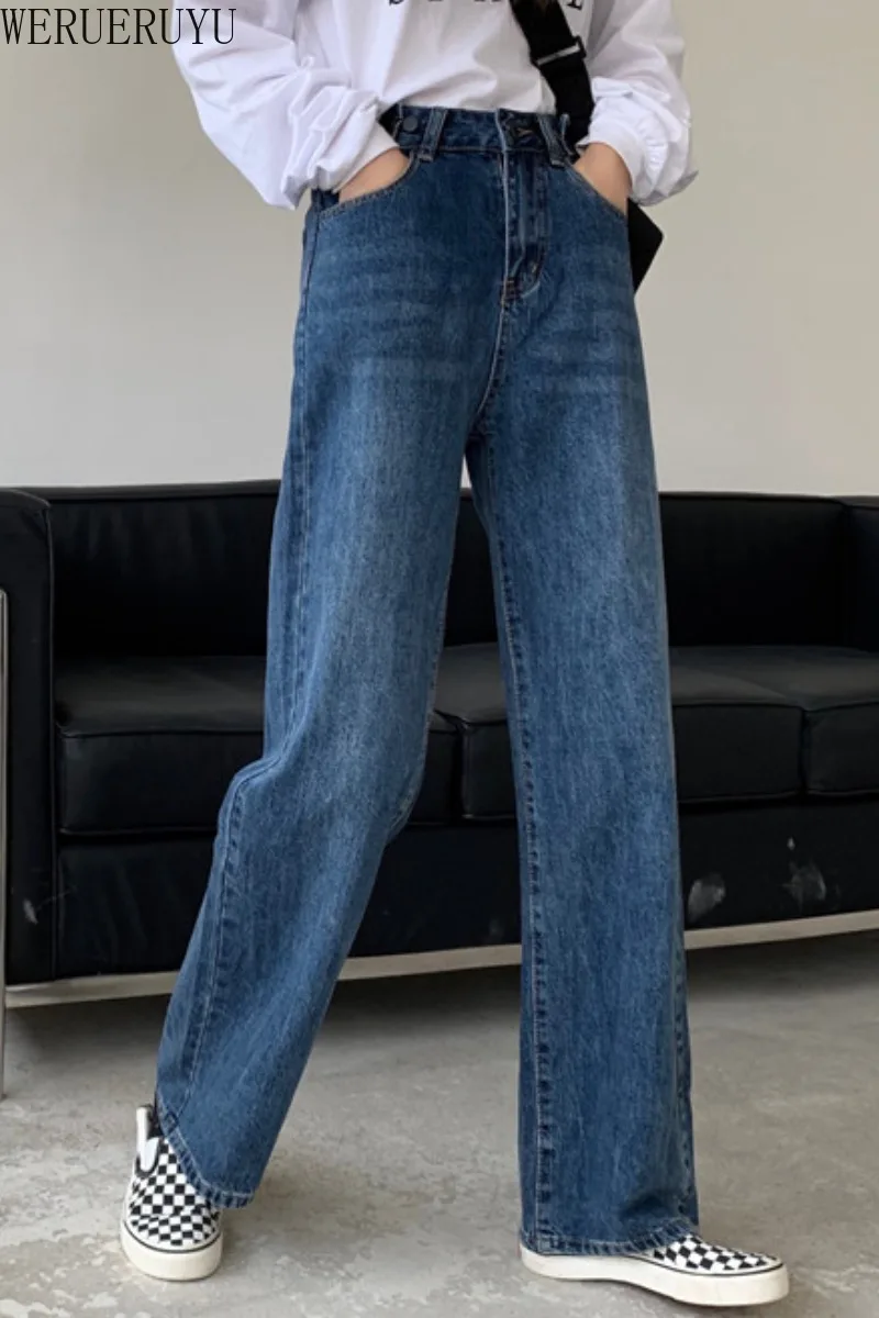 

WERUERUYU 2020 Autumn High Waist Drape Wide Leg Pants Ladies Street Wear Straight Jeans Blue Pants