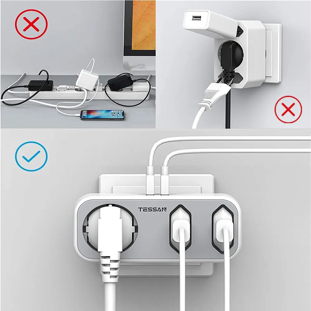 Сетевой адаптер TESSAN с 2 USB-портами 2/3 розеток европейского стандарта настенная