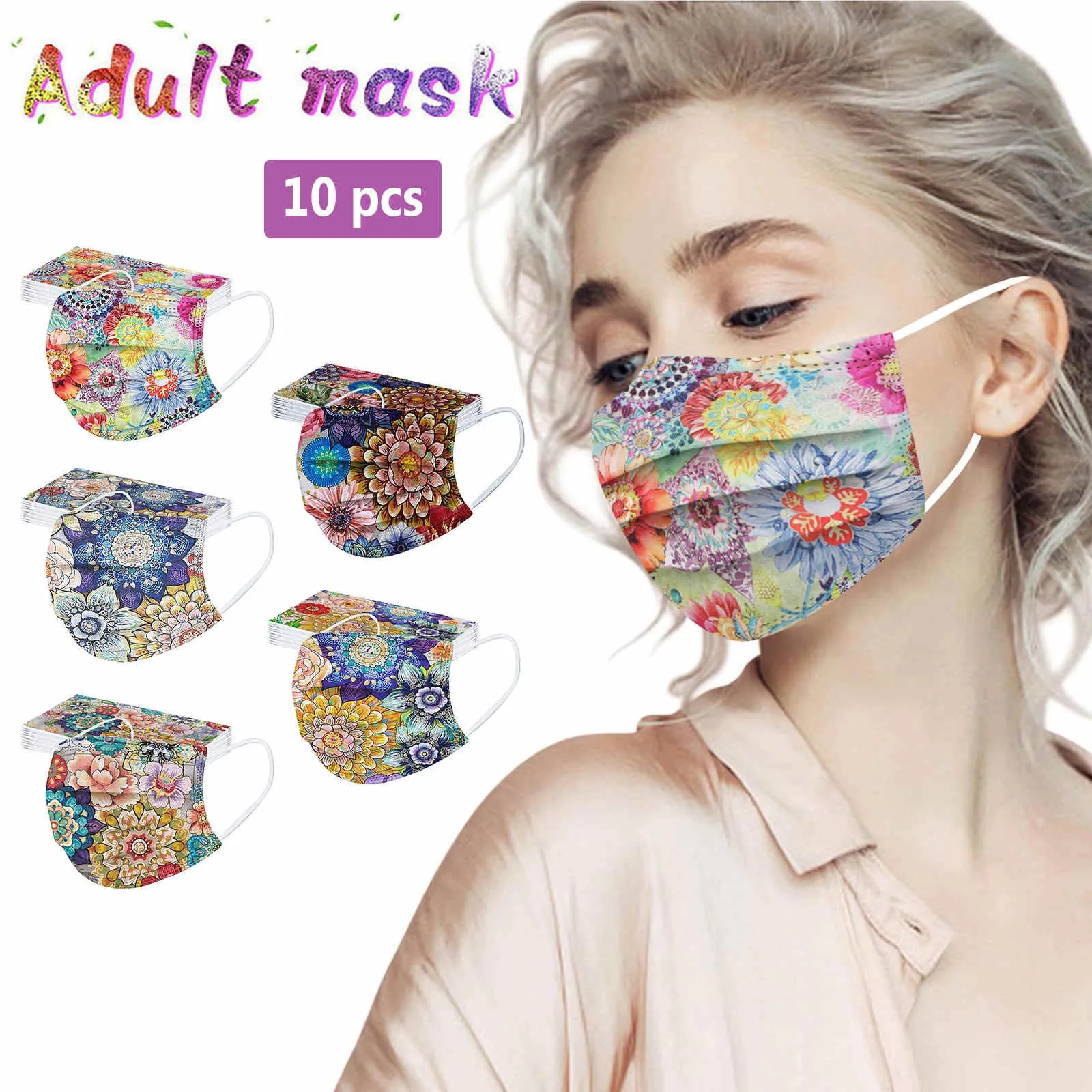 

10 PCS Adult Printing Disposable Breathable 3-Layers Face Mask With Nose Strip Dust-Proof Xmas Party Dress Exquisite Decoration