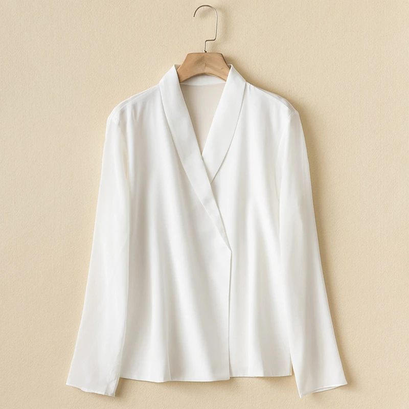 

Blouse women elegant design double layer 100% silk shawl collar long sleeves solid 3 colors shirt ladies new fashion