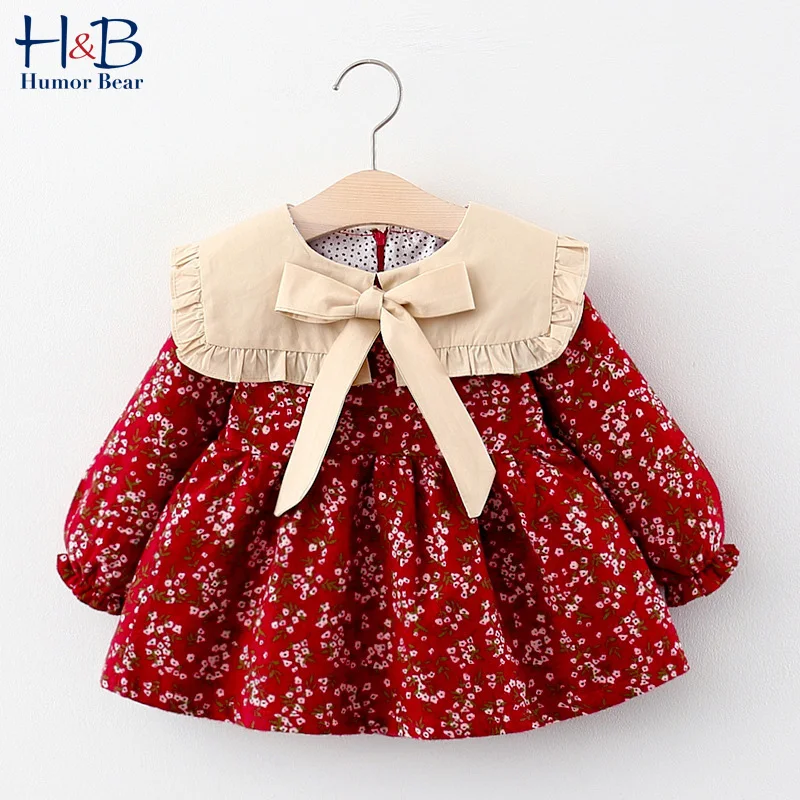 Humor Bear Baby Girl Dress 2022 Autumn Winter Long Sleeve Floral Printed Doll Collar Ruffled Bowknot Princess Dress