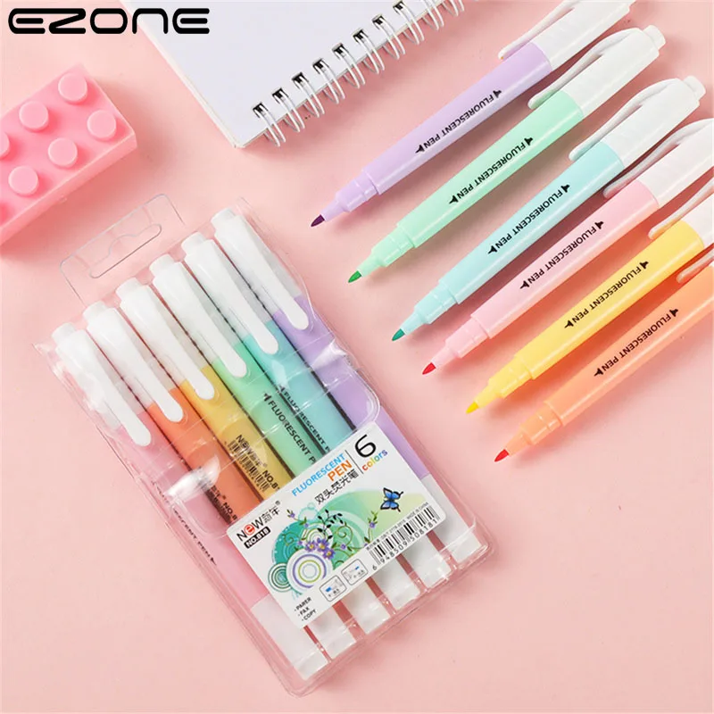 

EZONE 6Pcs/Set Cute Candy Color Highlighter Pen Stationery Double Headed Fluorescent Marker Pen Mark Pen Office School Supplies
