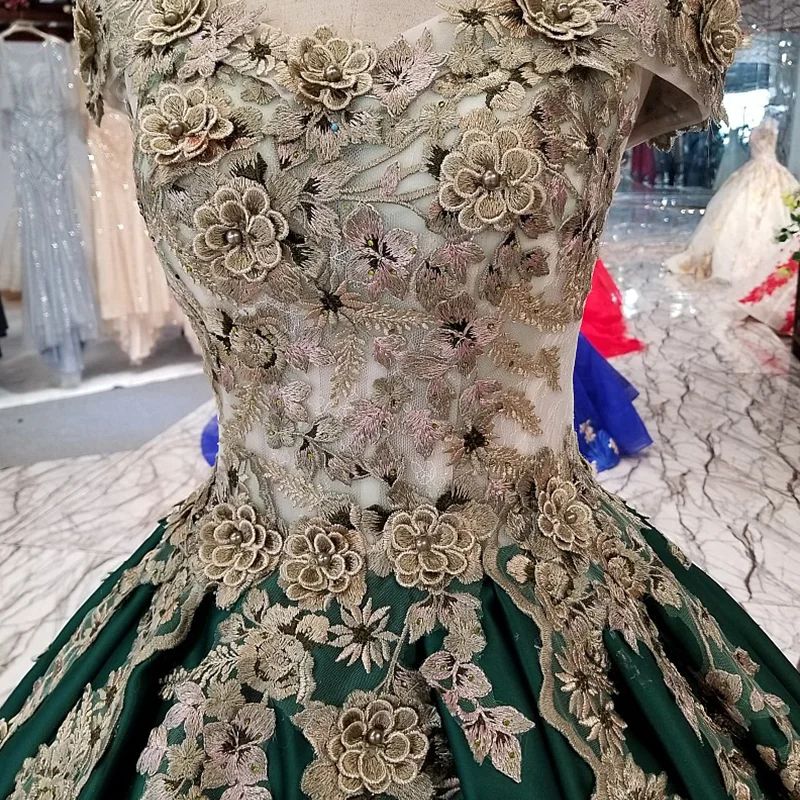 LS14776 зеленое вечернее платье с золотыми цветами модель 2018 года трапеция